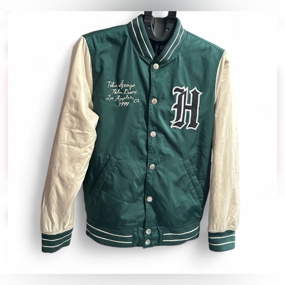 Hollister Green and Cream Varsity Bomber Jacket